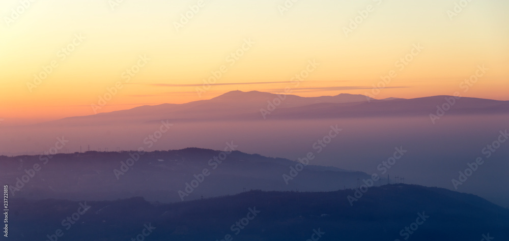 Sunset in the mountains in the winter