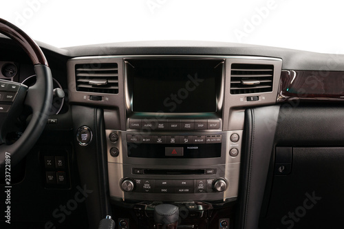 Modern car dashboard. Front view. Interior detail.
