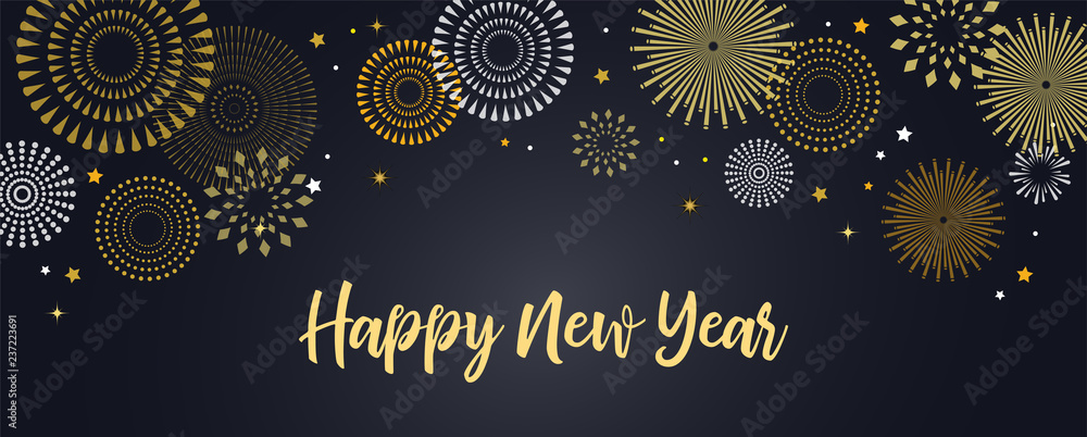Happy New Year Background with golden fireworks. Gold and black card and  banner, festive invitation, calendar poster or promo banner. Stock Vector |  Adobe Stock