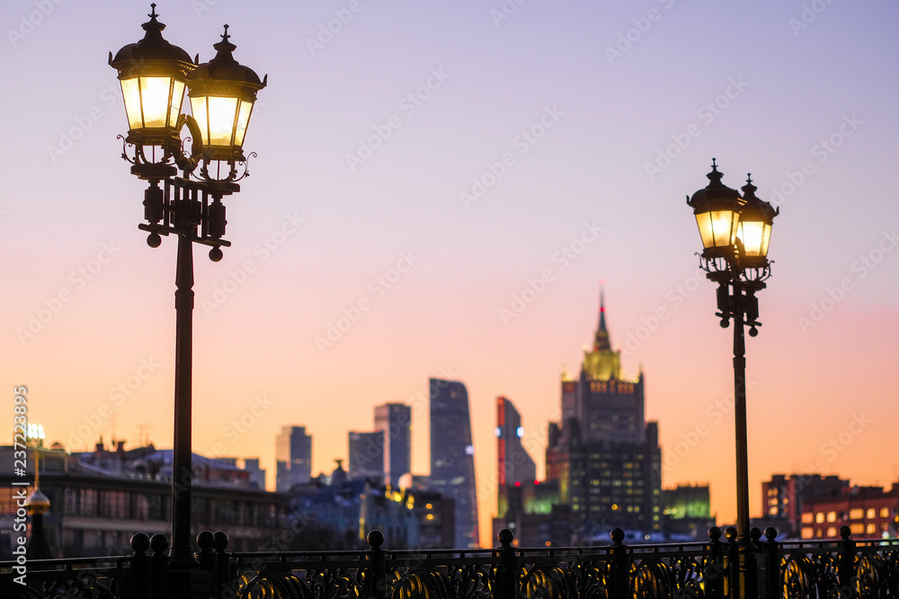 Moscow, Russia - December, 1, 2018: Image of night embankment in Moscow