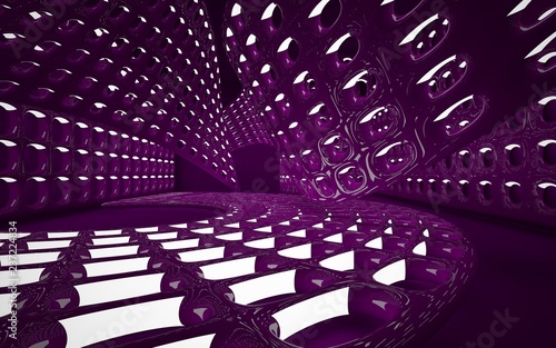 Abstract interior of the future in a minimalist style with violet violet sculpture. Night view from the backligh. Architectural background. 3D illustration and rendering
