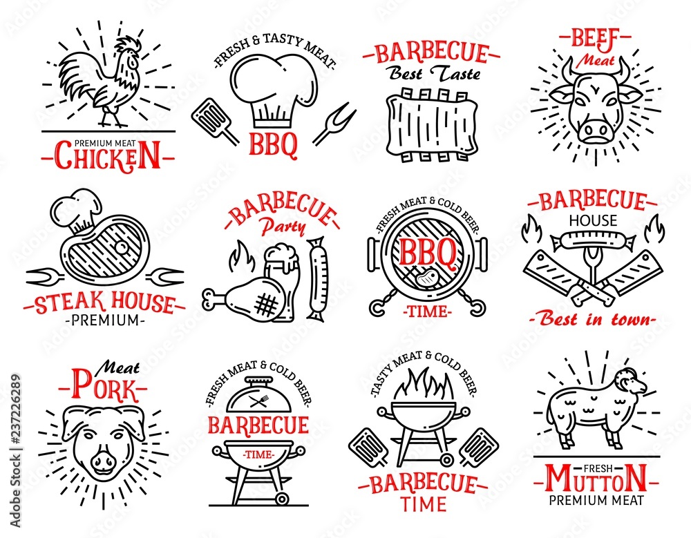 Meat products icons signs steaks on barbeque grill - obrazy, fototapety, plakaty 