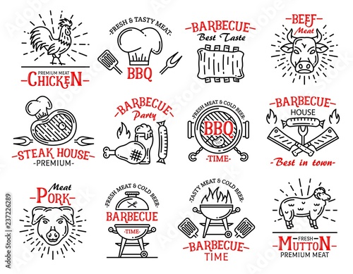 Leinwand Poster Meat products icons signs steaks on barbeque grill