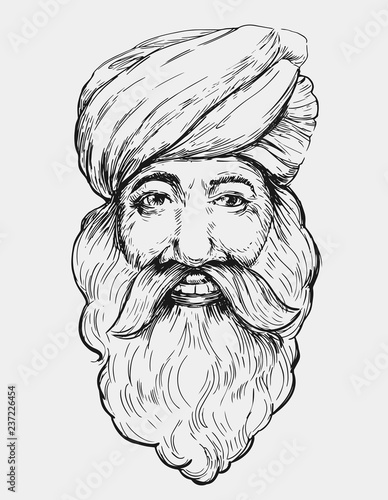 Smiling old indian man in turban. Hand drawn illustration converted to vector
