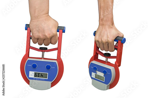 DIGITAL HAND GRIP DYNAMOMETER, Measuring values of the static flexor power for Left and right forearms, Isolated on white background