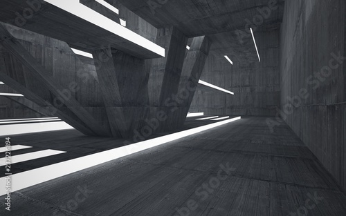 Empty dark abstract concrete room interior. Architectural background. Night view of the illuminated. 3D illustration and rendering