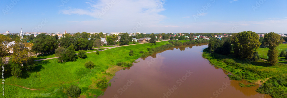 Fototapeta premium panorama of River Vologda and church of the Presentation of the Lord was built in 1731-1735 years in Vologda, Russia.