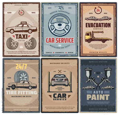 Car repair service and taxi or evacuation posters