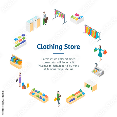 Clothing Store Interior with Furniture Banner Card Circle Isometric View. Vector