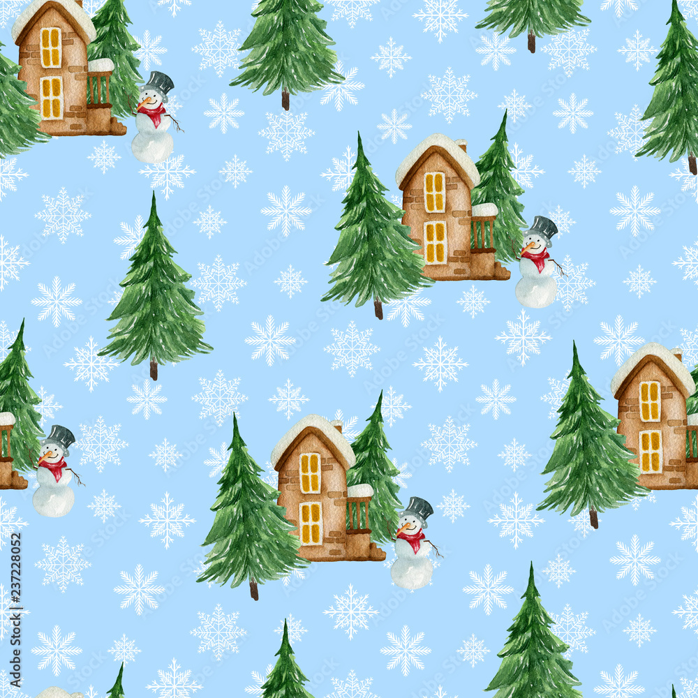 Seamless pattern with winter village. Watercolor hand drawn