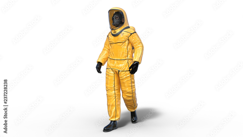 Man wearing yellow protective hazmat suit, human with gas mask dressed in  biohazard outfit for chemical and toxic protection, 3D rendering Stock  Illustration | Adobe Stock