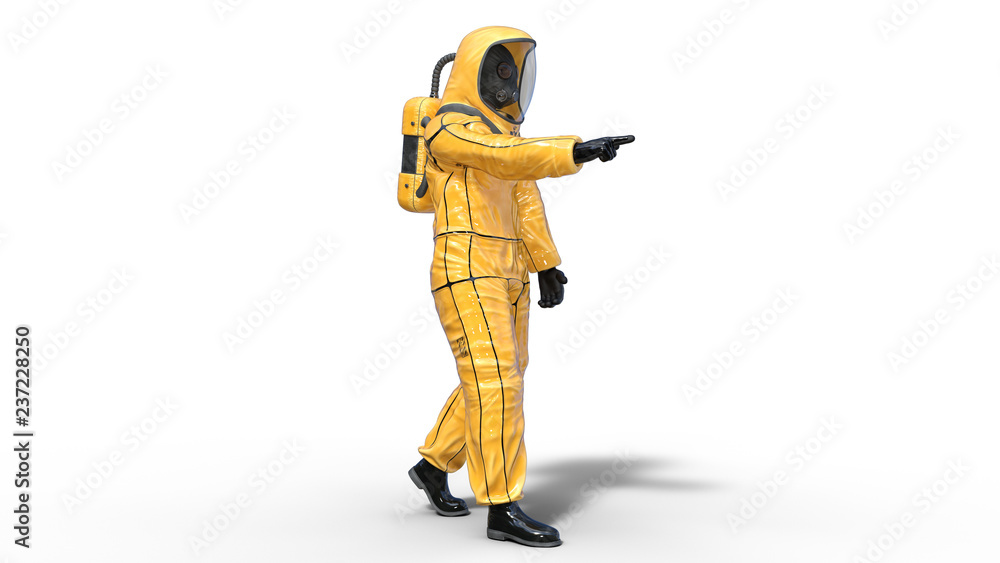 Man wearing protective hazmat suit pointing, human with gas mask dressed in  biohazard outfit for chemical and toxic protection, 3D rendering Stock  Illustration | Adobe Stock