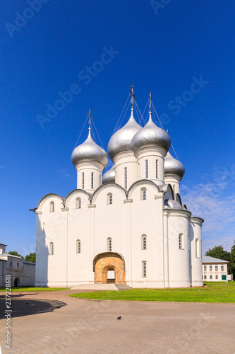 Saint Sophia orthodox cathedral and church of Resurrection of Jesus, The Kremlin Square of the Old City in a sunny summer day in Vologda Kremlin.
