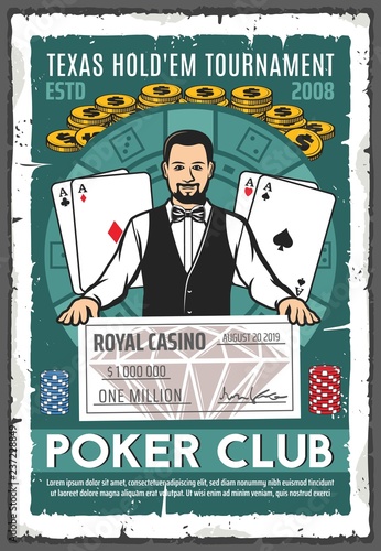Poker club retro poster of croupier and win check