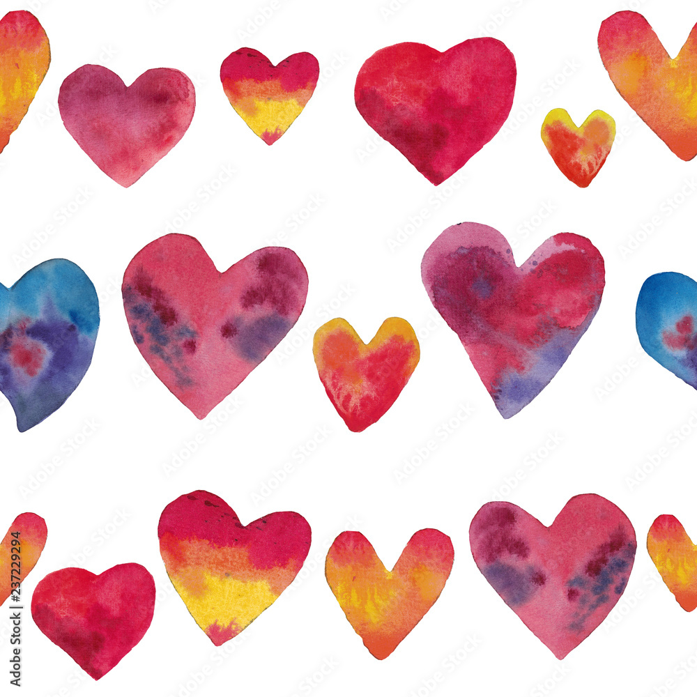 Watercolor seamless pattern of hand drawn red orange blue hearts. Design for wrappind papper, postcards, valentines cards, background and decor.