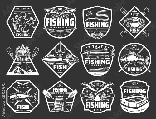 Fishing sport monochrome icons for tackle store