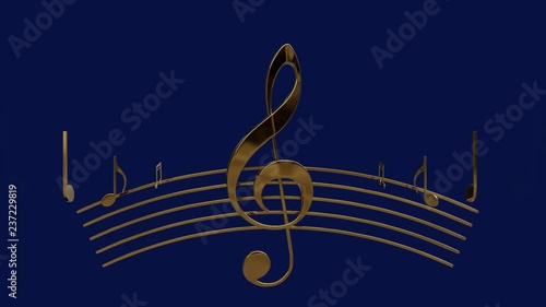 3d animation of a treble clef with notes flying apart on a blue background