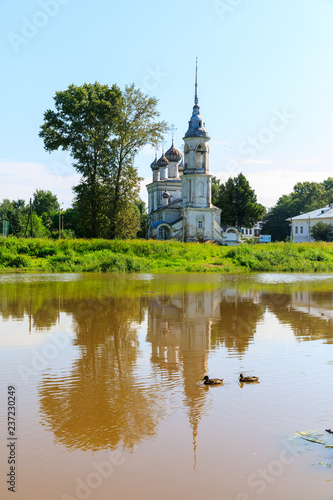 panorama of River Vologda and church of the Presentation of the Lord was built in 1731-1735 years in Vologda, Russia. © miklyxa