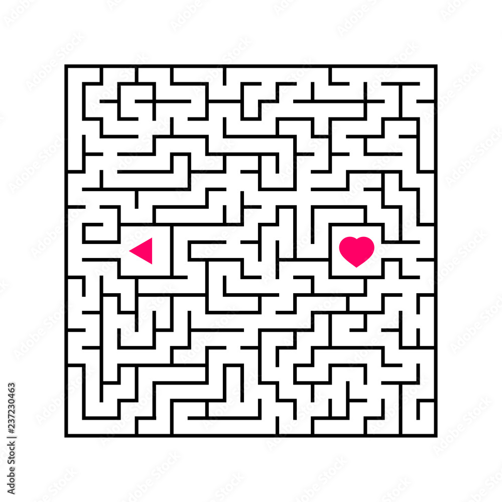 Abstract square maze. An interesting and useful game for children. Find the path from arrow to heart. Simple flat vector illustration isolated on white background.