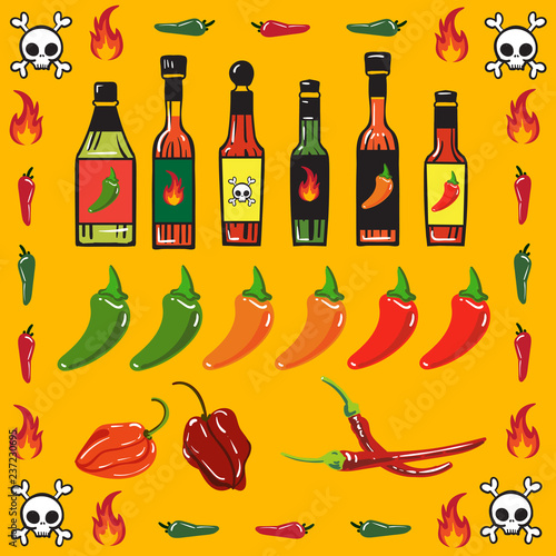Vector Illustrations of Hot Sauce bottles and related icons
