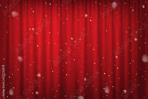 Snowfall on red curtain background. Vector cinema, theater or circus poster template.