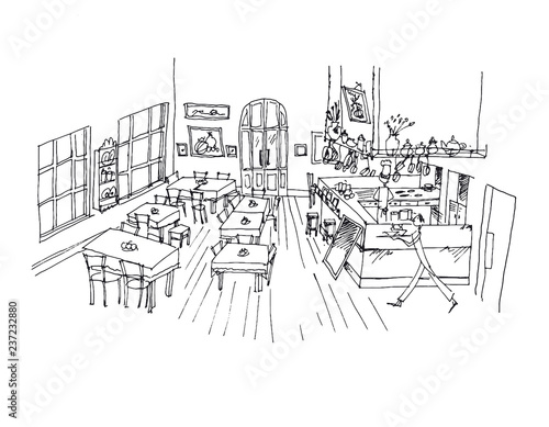 Cafe hand drawn linear illustration