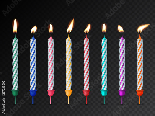 Birthday cake candles with burning flames isolated on dark transparent background. Vector design elements.