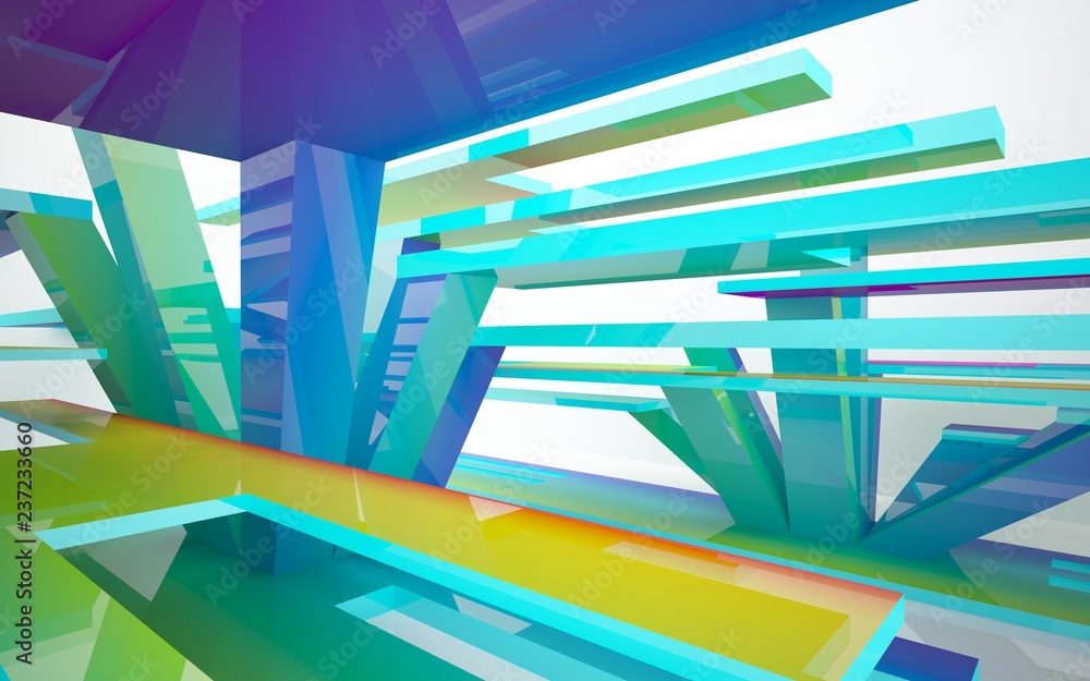 Naklejka premium Abstract dynamic interior with gradient colored objects. 3D illustration and rendering