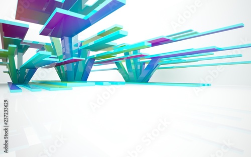 Abstract dynamic interior with gradient colored objects. 3D illustration and rendering