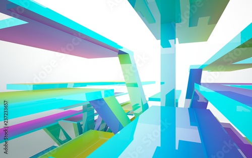 Abstract dynamic interior with gradient colored objects. 3D illustration and rendering