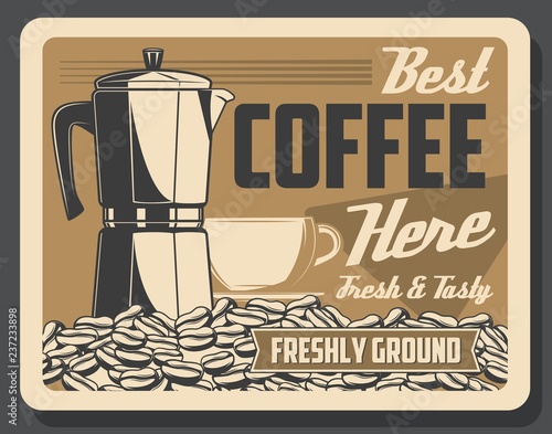 Coffee machine and beans or cup cafe retro poster