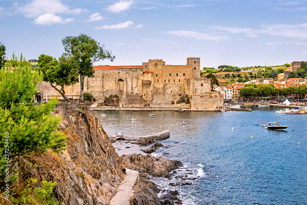 Scenic panoramic view of the coastal Mediterranean town Collioure in Languedoc-Roussillon, France