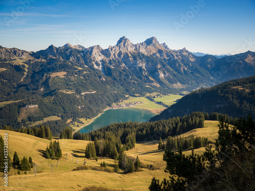 Tannheimer Tal panorama with view on the Haldensee from the mountain Neunerköpfle in Autumn