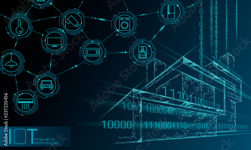 Internet of things low poly smart city 3D wire mesh. Intelligent building automation IOT concept. Modern wireless online control icon urban cityscape technology banner vector illustration