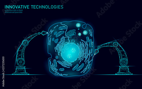 Artificial cell synthesys gene therapy DNA 3D chemical. Animal cell biochemistry engineering research concept. Biorobot robotic arm industry vector illustration future business technology