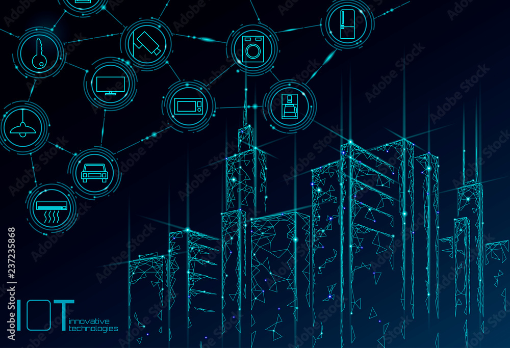 Internet of things low poly smart city 3D wire mesh. Intelligent ...