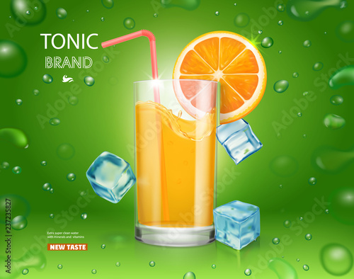 Fresh orange and glass with juice and ice cubes