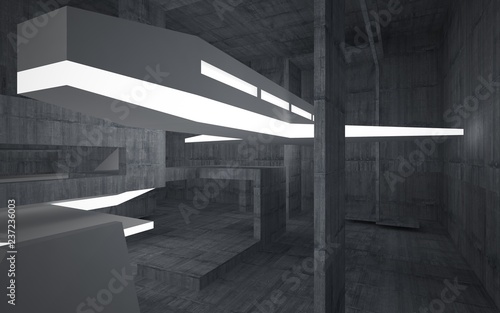 Empty dark abstract concrete room interior with white sculpture. Architectural background. Night view of the illuminated. 3D illustration and rendering