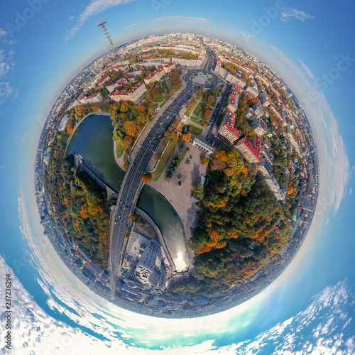 Fotografi Little planet panorama Minsk, Belarus. Aerial drone photo