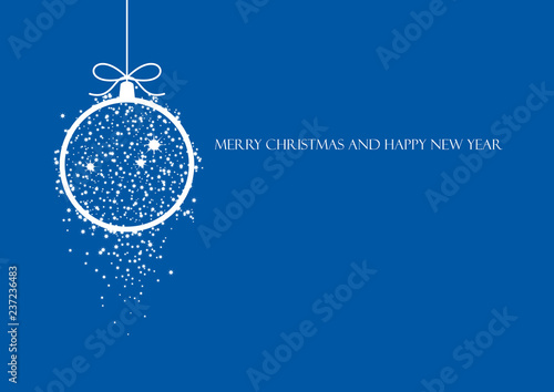 Minimalist blue Christmas card vector. Holiday background with hanging Christmas balls. White and blue christmas ornaments. Elegant blue christmas background
