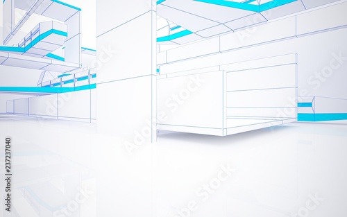 Abstract white interior highlights future. Polygon drawing and blue glossy lines. Architectural background. 3D illustration and rendering