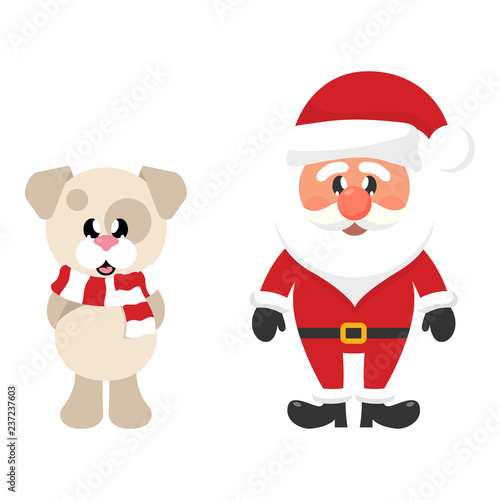 cartoon christmas santa claus and winter christmas dog with scarf