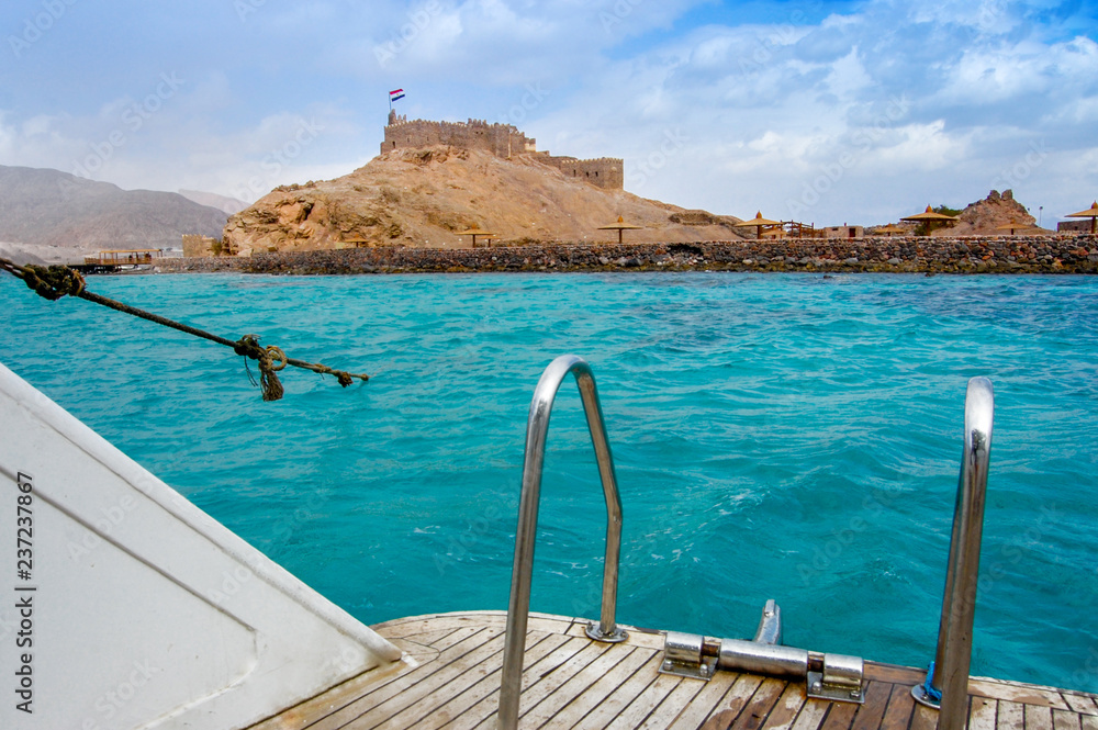 View of Salah El Din Castle on Farun island in the Gulf of Aqaba,Red Sea,Taba,Egypt, sunny