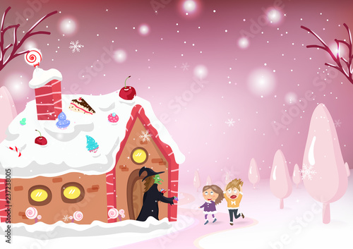 Kids Cartoon and fantasy story, Candy house, witch, Hansel and gretel, kids postcard, snow falling, pastel poster in winter background vector illustration