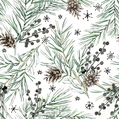 Fototapeta Bożenarodzeniowy bezszwowy wzór, biały tło. Zielone sosnowe gałązki, szyszki, jagody. Ilustracji wektorowych. Projektowanie przyrody. Papier cyfrowy z pozdrowieniami sezonowymi. Zimowe święta Bożego Narodzenia