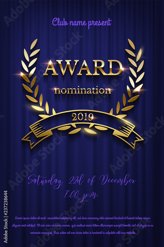 Golden award sign with laurel wreath and ribbon isolated on blue curtain background. Vector vertical award ceremony invitation template.