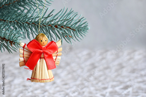 Handmade christmas toys from straw on white background. Happy New Year and Merry Christmas card