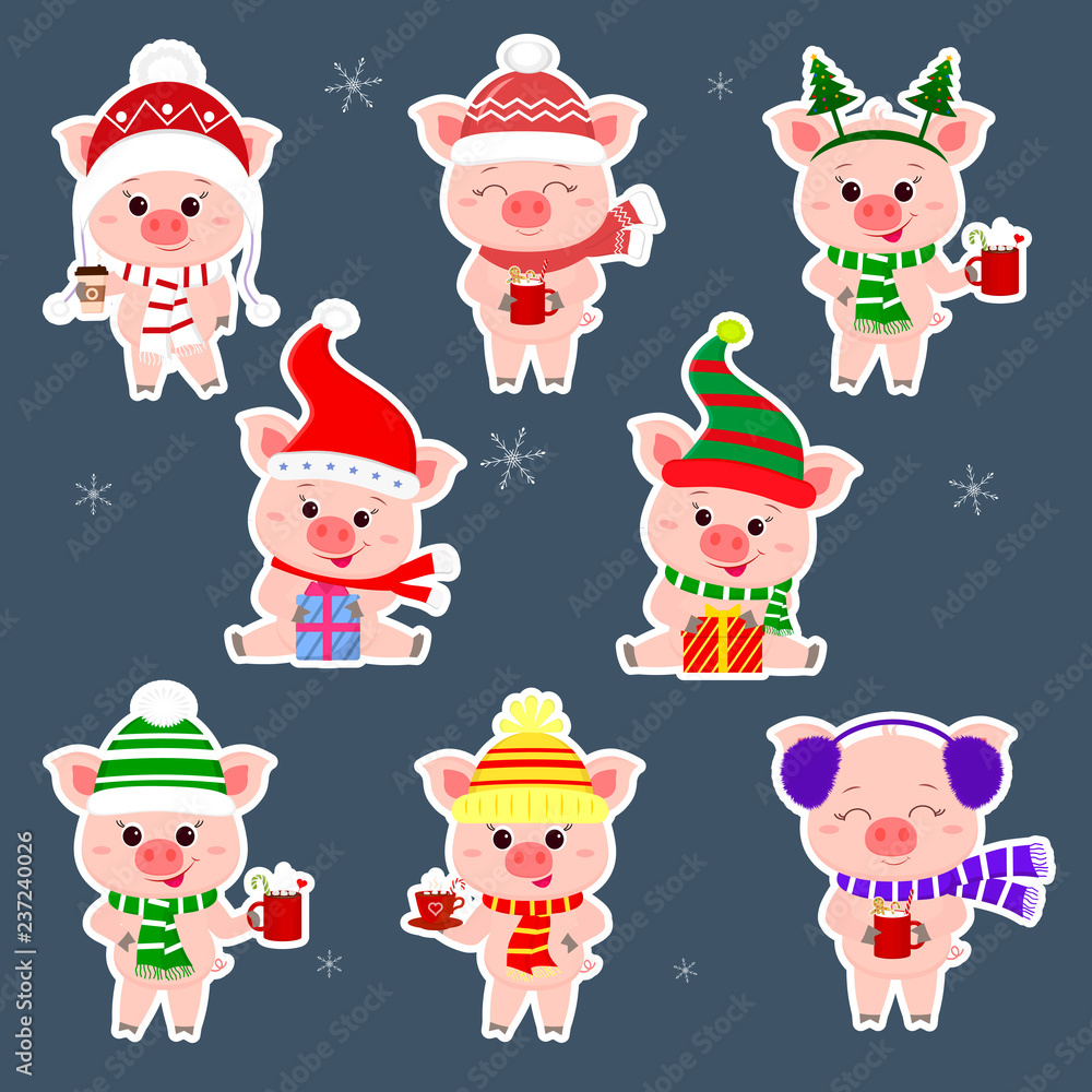 Set of stickers eight pigs in different hats and a scarf. Keep a cup of various hot drinks and gifts. Happy New Year and Merry Christmas. The symbol of the Chinese New Year. Vector Set of stickers eight pigs in different hats and a scarf. Keep a cup of various hot drinks and gifts. Happy New Year and Merry Christmas. The symbol of the Chinese New Year. Vector