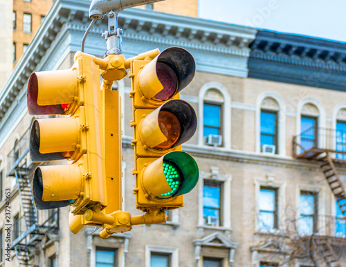 New York City traffic light in the historic district, USA