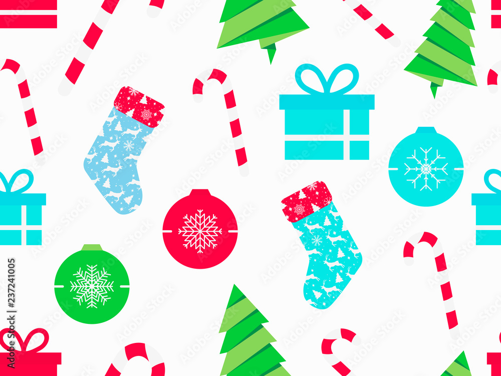 Obraz premium Christmas seamless pattern with candy canes, christmas socks, gift boxes and fir tree. Symbols of christmas on white background. Vector illustration
